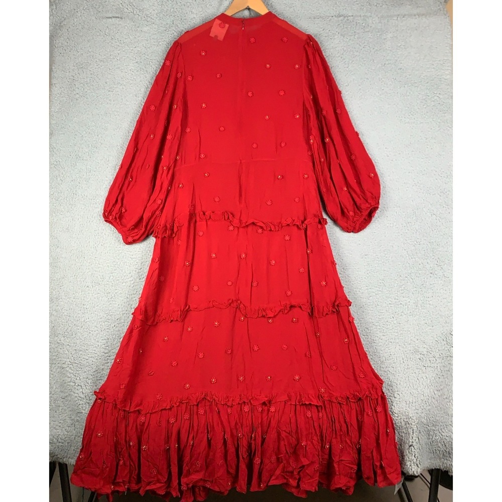 Farm Rio Maxi Dress Size XL Red Ruffle Long Sleeve Floral Appliqué Sheer Holiday - Picture 5 of 8